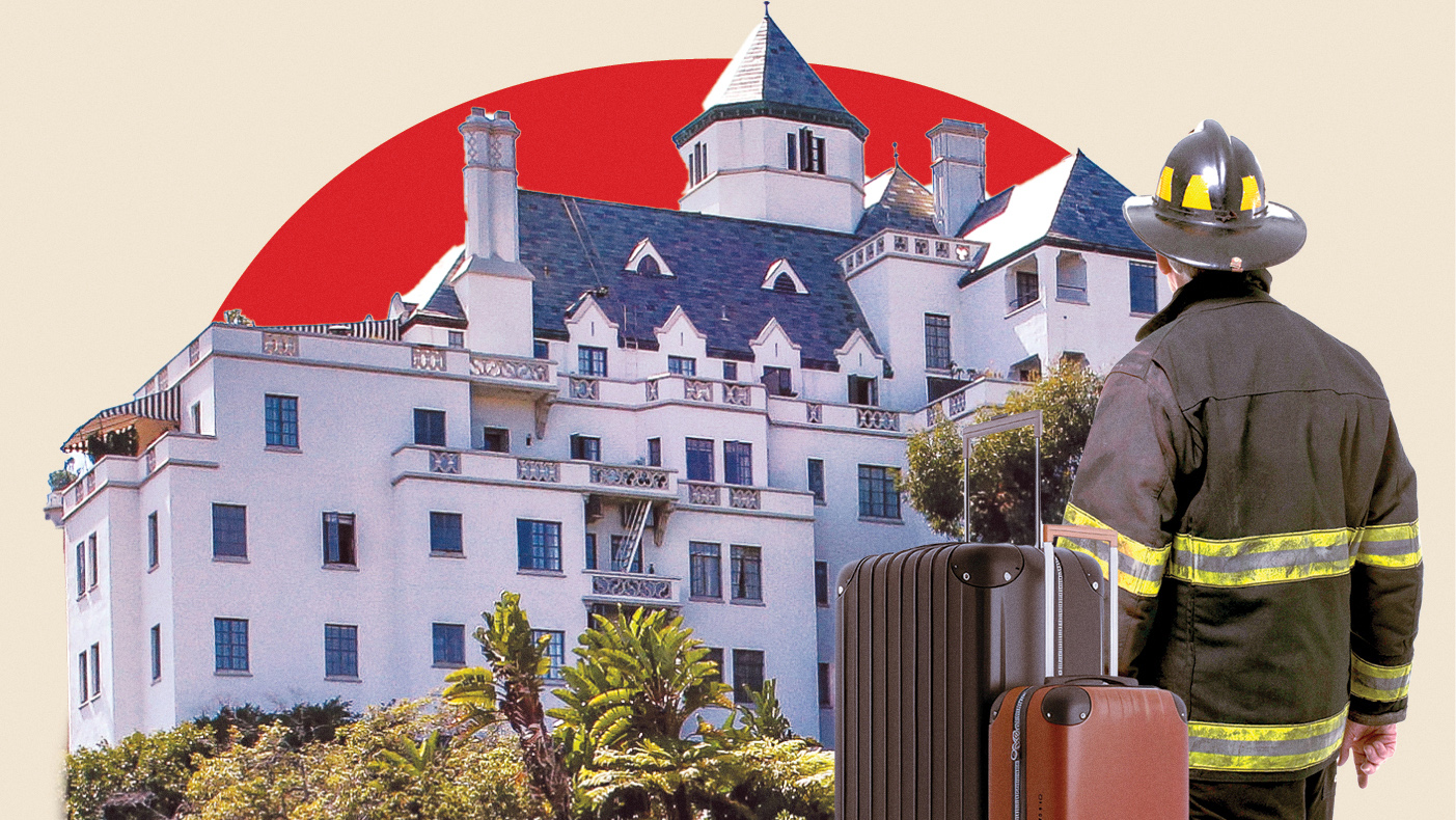 composition of a firefighter with luggage standing outside the Chateau Marmont