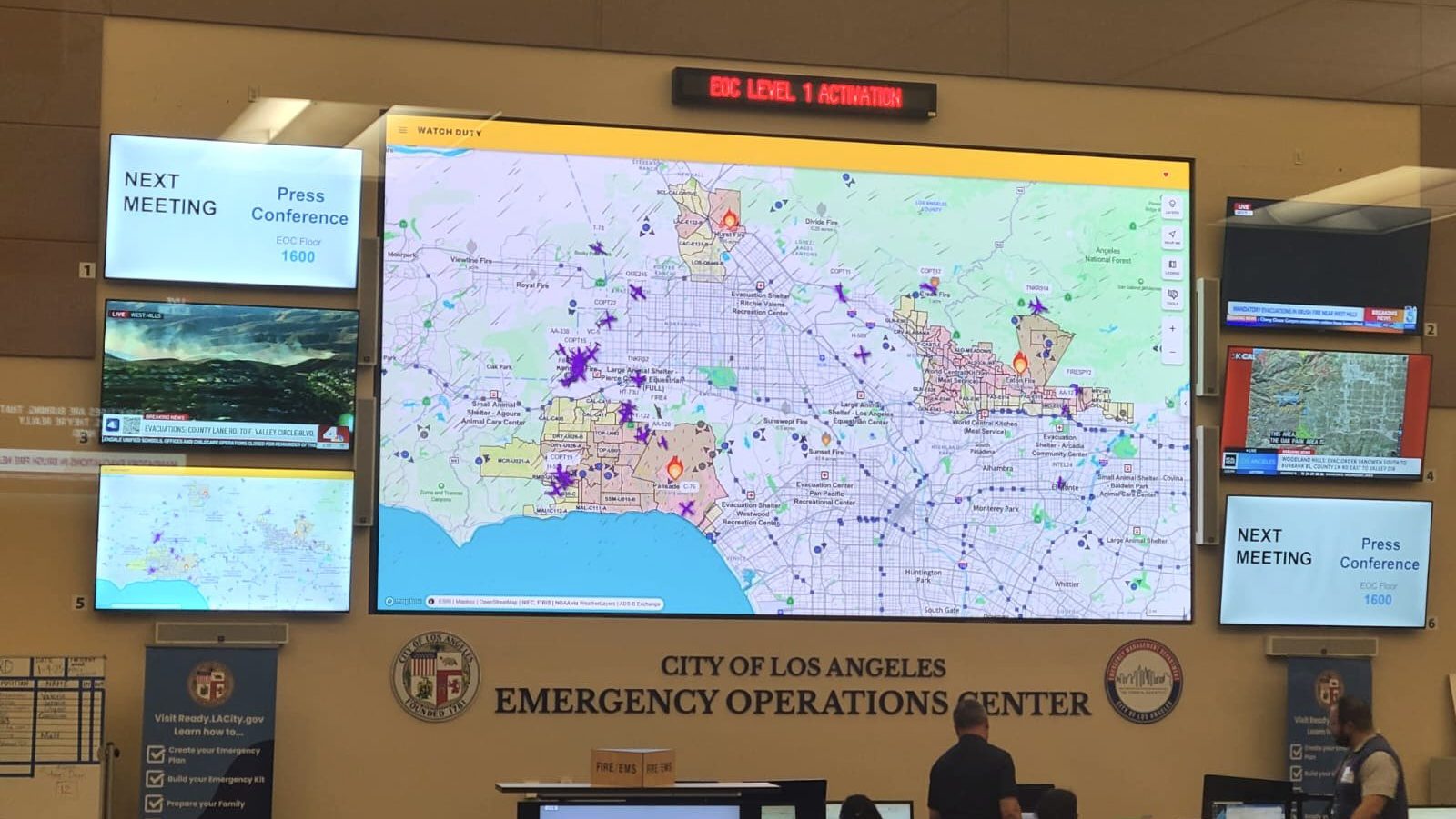 The City of Los Angeles Emergency Operations Center, pictured as several fires rage across Los Angeles County.